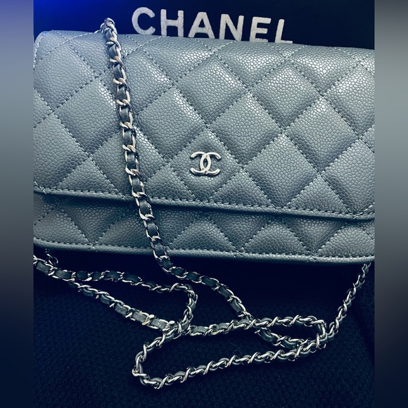 🔥CHANEL Quilted Vegan Leather Chain Crossbody sterling Gray wallet on chain - Picture 3 of 14